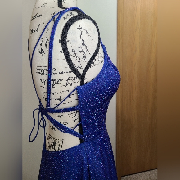 Ellie Wilde Mon Cheri A-line slit rhinestone Royal prom pageant dress - Picture 7 of 8